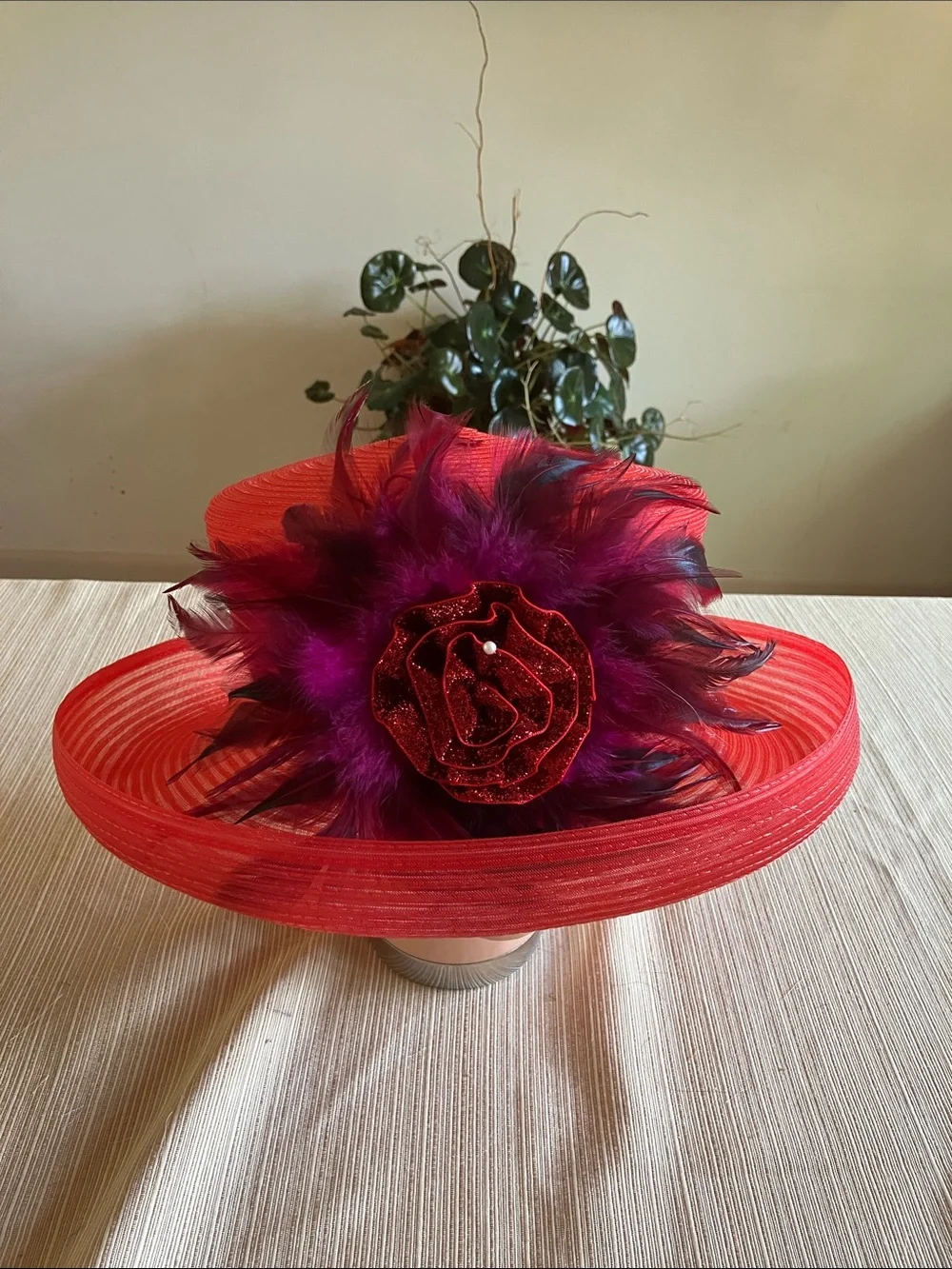 Elegant Red Wide-Brim Feathered Hat